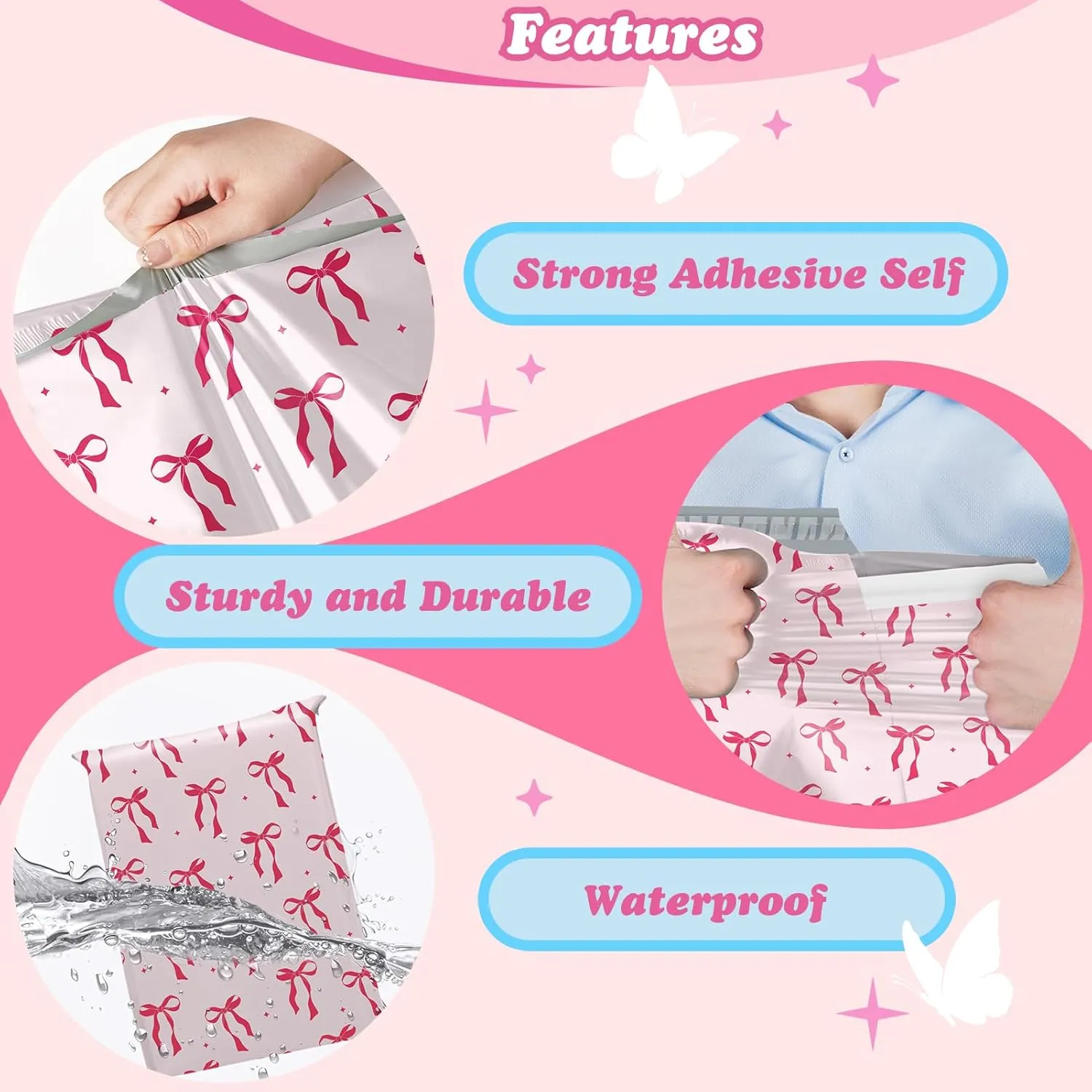 Fuxury Poly Mailers 10x13 Inch 50Pcs Shipping Bags for Clothing Strong Adhesive Shipping Envelopes for Small Business Self Seal Pink Bows Poly Bag Mailing Envelopes