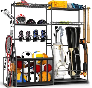 Garage Sports Equipment Organizer with Golf Bag Stand, Balls Storage Rack, and Toy Organizer – Durable Indoor/Outdoor Multi-Use Rack for Kids' Gear and Seasonal Items