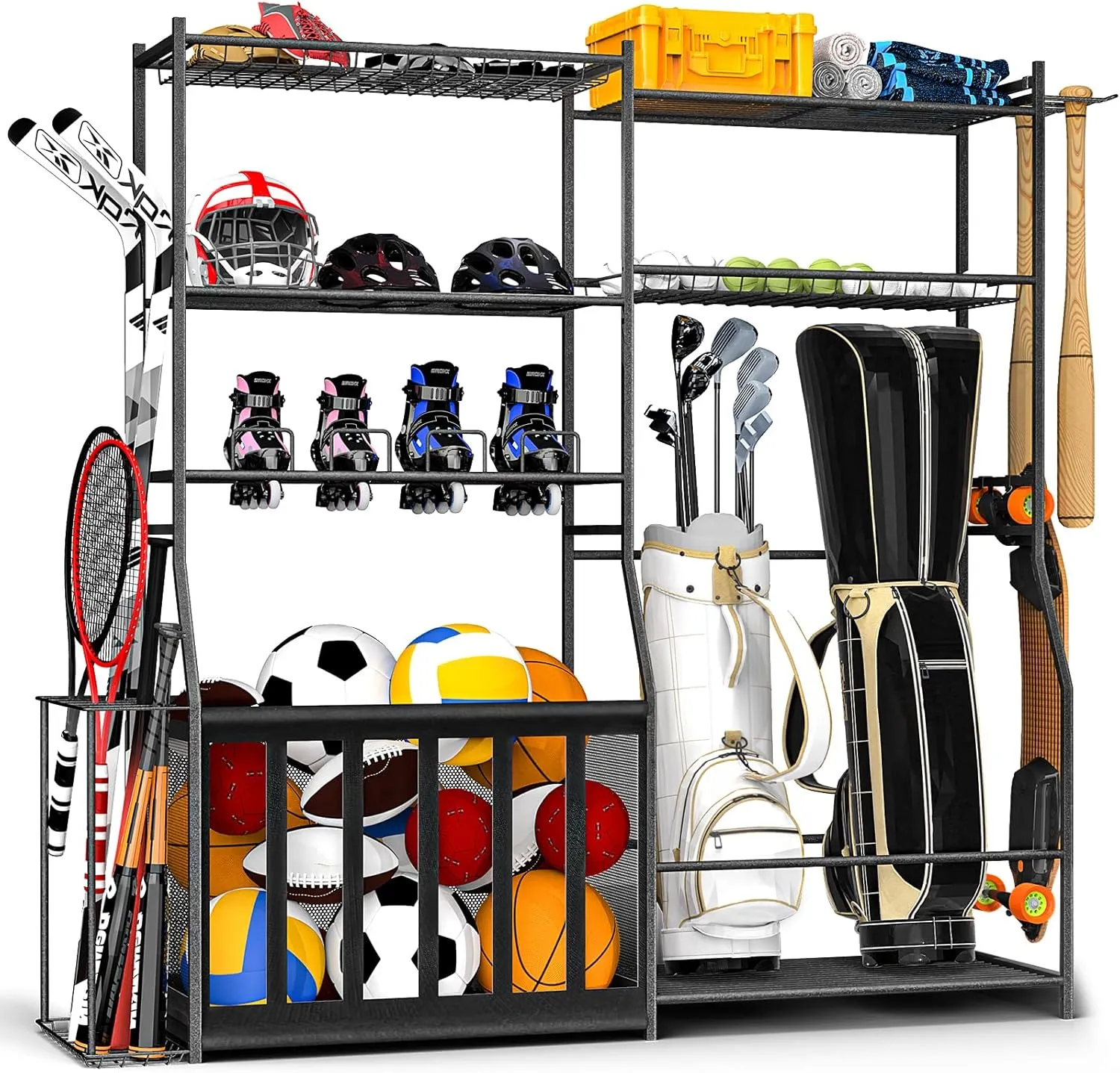 Garage Sports Equipment Organizer with Golf Bag Stand, Balls Storage Rack, and Toy Organizer – Durable Indoor/Outdoor Multi-Use Rack for Kids' Gear and Seasonal Items