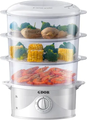 GDOR 3 Tier Electric Food Steamer for Cooking, 800W Vegetable Steamer for Fast Simultaneous Cooking, Boil Dry Protection, Dishwasher Safe, 60-Minute Timer, BPA-Free, 9.6 QT, White