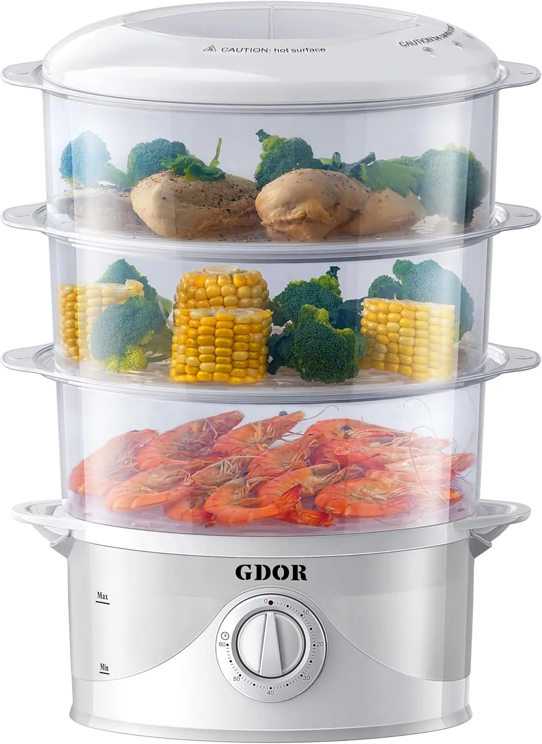 GDOR 3 Tier Electric Food Steamer for Cooking, 800W Vegetable Steamer for Fast Simultaneous Cooking, Boil Dry Protection, Dishwasher Safe, 60-Minute Timer, BPA-Free, 9.6 QT, White