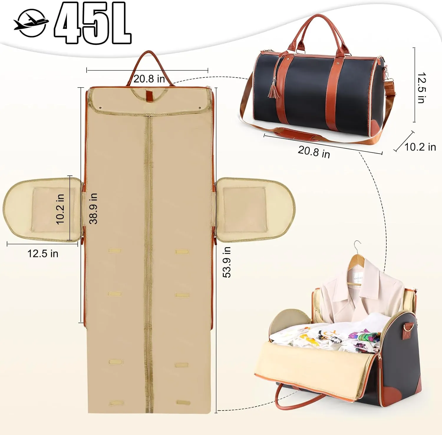 Geestock Garment Bags for Travel, PU Leather Carry On Garment Duffle Bag for Women with Shoe Pouch, 2 in 1 Convertible Suit Travel Bag (Black)