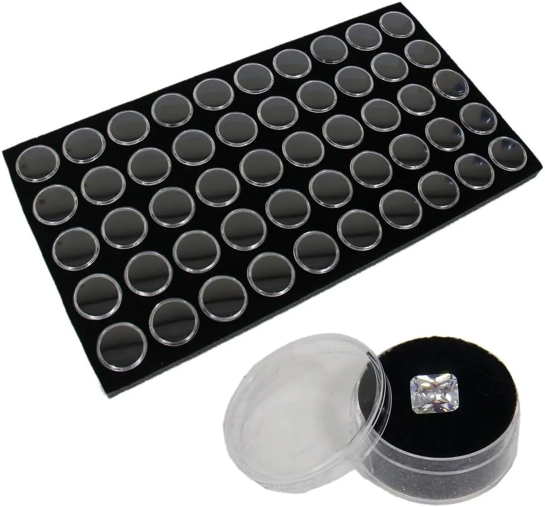 Gem Jars 50 Small Size – Black Tray Foam Sheet – Gemstones Storage Jars with lids Insert – Display Trays for Collectibles, Jewelry, Coins, and Gemstone Storage. Size-14.5" x 7.8" x 0.75"