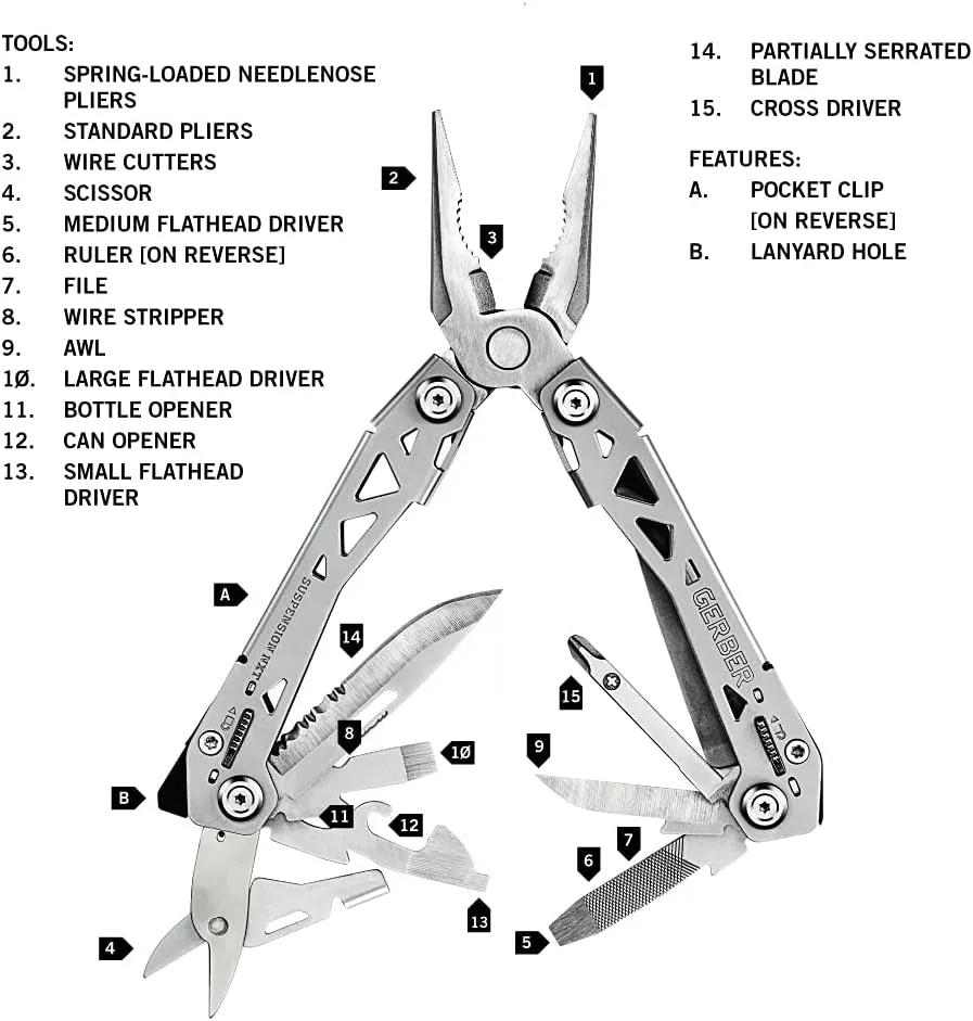 Gerber Gear Suspension-NXT 15-in-1 EDC Multi tool with Pocket Knife, Needle Nose Pliers and Wire Stripper Tools, Gifts for Men, Survival and Camping Gear, Stainless Steel