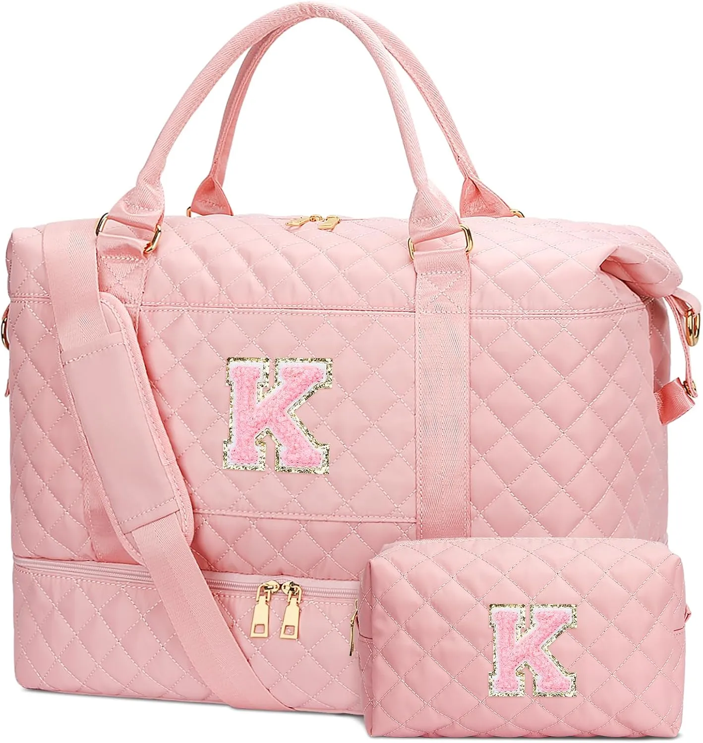 Gifts for Women Initial Travel Duffle Bag Quilted Weekender Carry-On Overnight with Cosmetic Bag, Gym Bag with Shoe Compartment Hospital Bag for Labor Delivery, Pink K