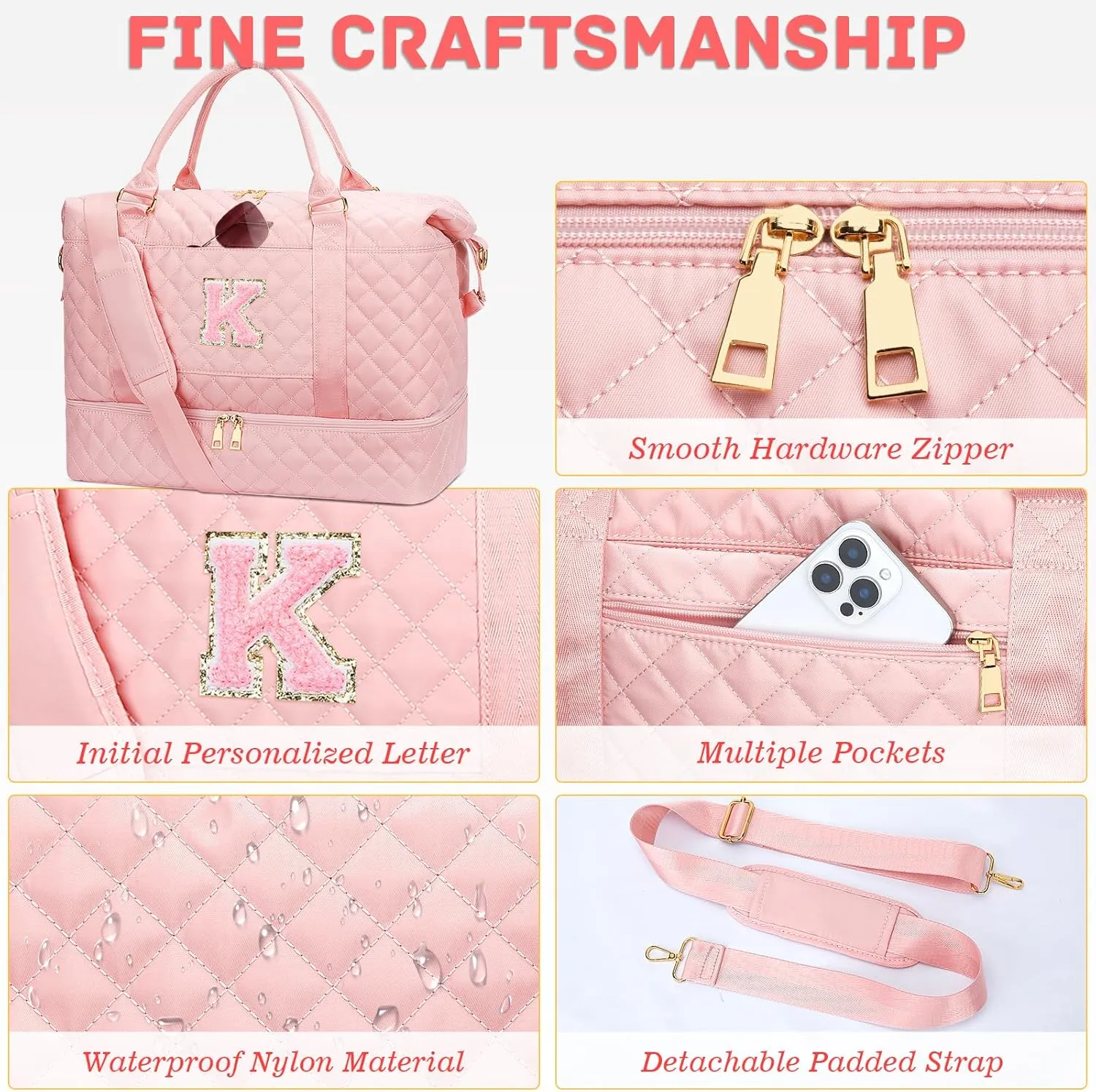 Gifts for Women Initial Travel Duffle Bag Quilted Weekender Carry-On Overnight with Cosmetic Bag, Gym Bag with Shoe Compartment Hospital Bag for Labor Delivery, Pink K