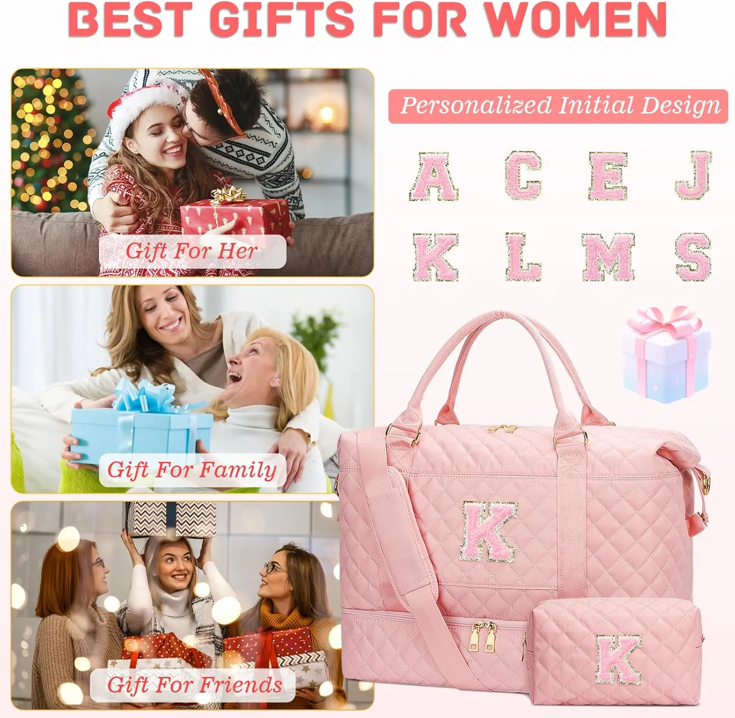 Gifts for Women Initial Travel Duffle Bag Quilted Weekender Carry-On Overnight with Cosmetic Bag, Gym Bag with Shoe Compartment Hospital Bag for Labor Delivery, Pink K