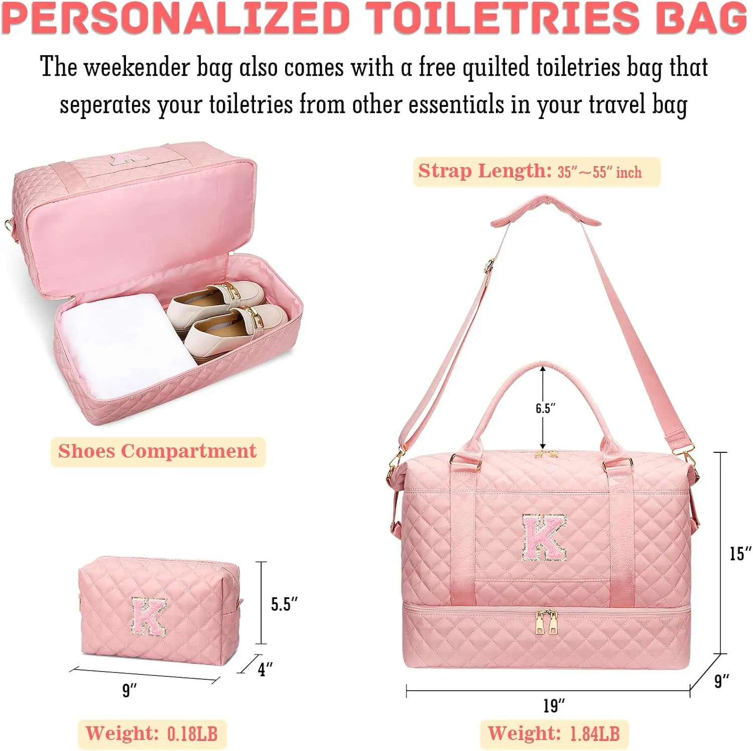 Gifts for Women Initial Travel Duffle Bag Quilted Weekender Carry-On Overnight with Cosmetic Bag, Gym Bag with Shoe Compartment Hospital Bag for Labor Delivery, Pink K