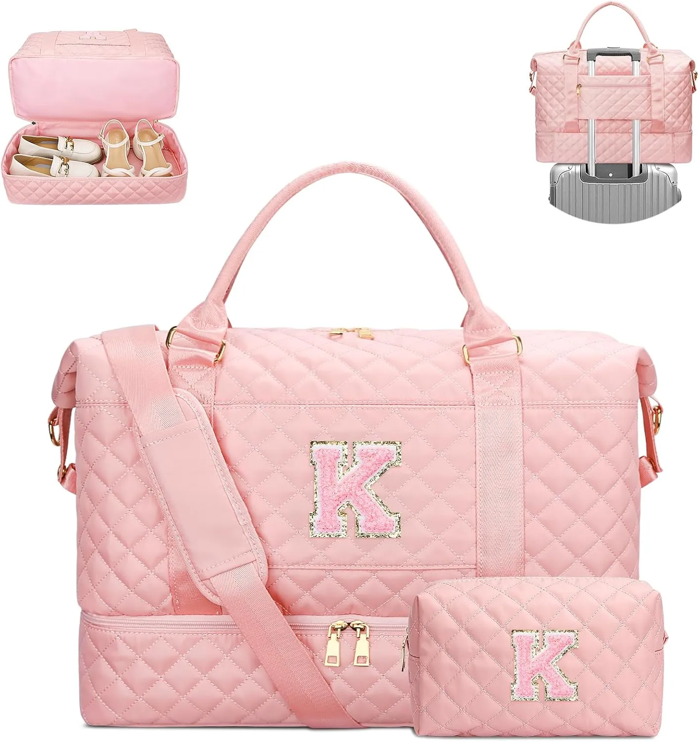 Gifts for Women Initial Travel Duffle Bag Quilted Weekender Carry-On Overnight with Cosmetic Bag, Gym Bag with Shoe Compartment Hospital Bag for Labor Delivery, Pink K