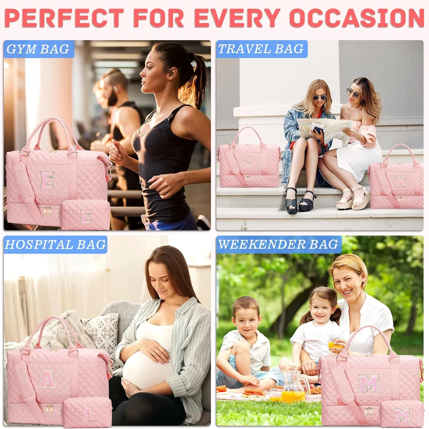 Gifts for Women Initial Travel Duffle Bag Quilted Weekender Carry-On Overnight with Cosmetic Bag, Gym Bag with Shoe Compartment Hospital Bag for Labor Delivery, Pink K