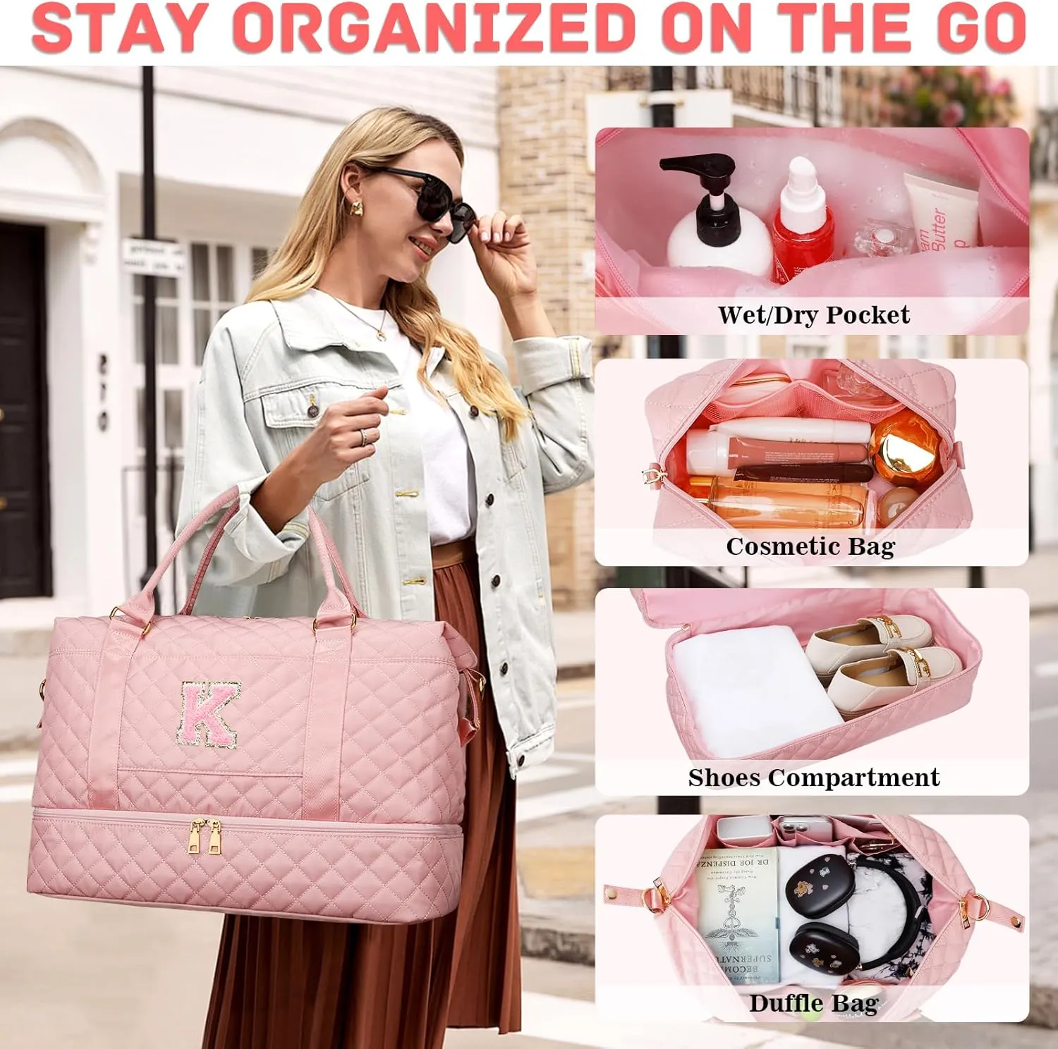 Gifts for Women Initial Travel Duffle Bag Quilted Weekender Carry-On Overnight with Cosmetic Bag, Gym Bag with Shoe Compartment Hospital Bag for Labor Delivery, Pink K