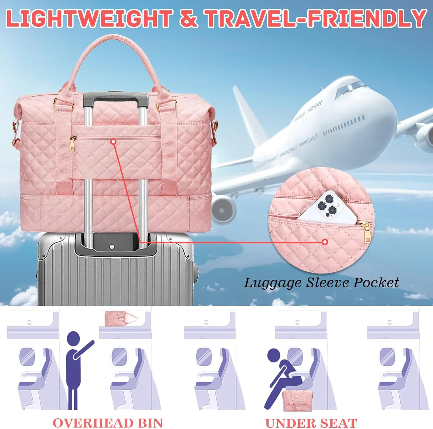 Gifts for Women Initial Travel Duffle Bag Quilted Weekender Carry-On Overnight with Cosmetic Bag, Gym Bag with Shoe Compartment Hospital Bag for Labor Delivery, Pink K