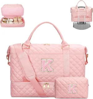 Gifts for Women Initial Travel Duffle Bag Quilted Weekender Carry-On Overnight with Cosmetic Bag, Gym Bag with Shoe Compartment Hospital Bag for Labor Delivery, Pink K