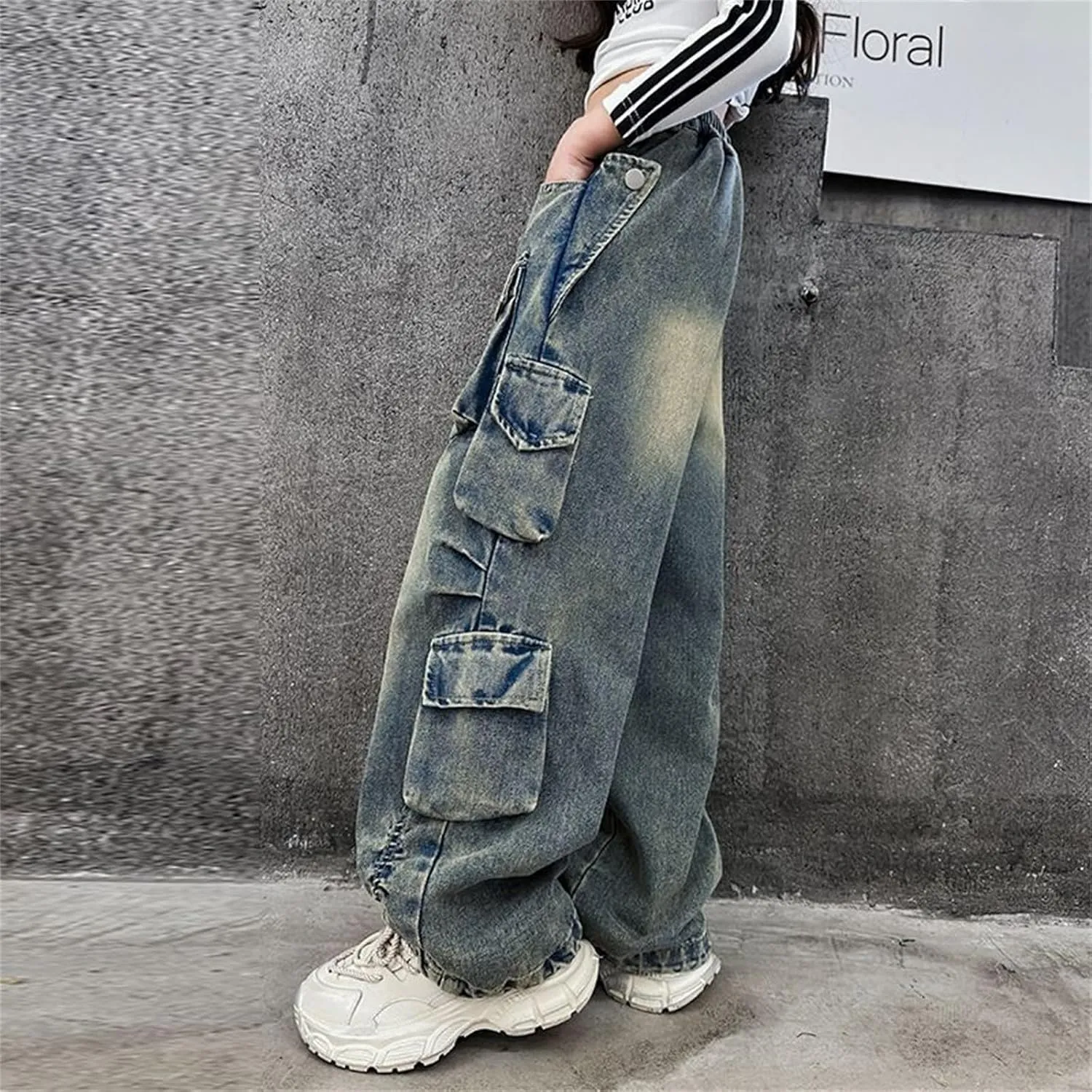Girls Baggy Jeans Y2k Streetwear Denim Cargo Pants Distressed Elastic High Waist Wide Leg Clothes Multi Pocket 5-16T