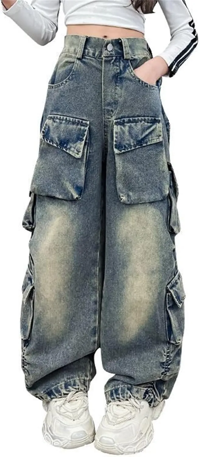 Girls Baggy Jeans Y2k Streetwear Denim Cargo Pants Distressed Elastic High Waist Wide Leg Clothes Multi Pocket 5-16T