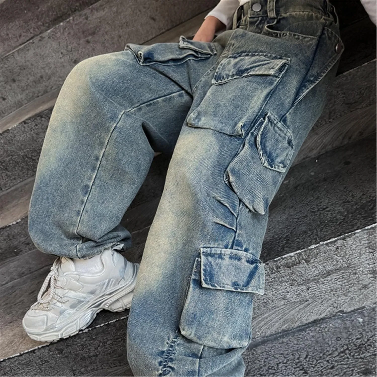 Girls Baggy Jeans Y2k Streetwear Denim Cargo Pants Distressed Elastic High Waist Wide Leg Clothes Multi Pocket 5-16T