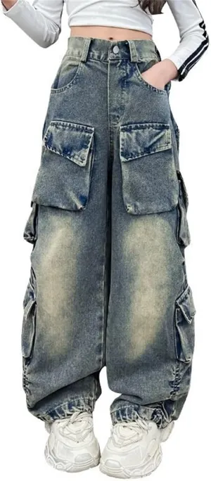 Girls Baggy Jeans Y2k Streetwear Denim Cargo Pants Distressed Elastic High Waist Wide Leg Clothes Multi Pocket 5-16T