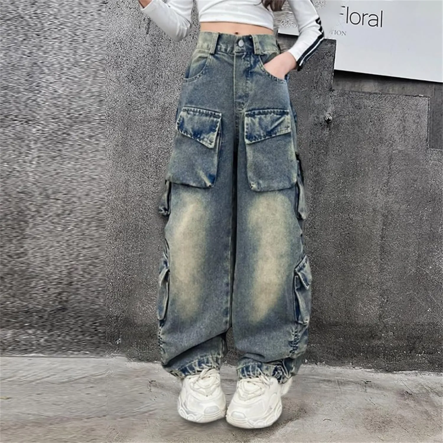 Girls Baggy Jeans Y2k Streetwear Denim Cargo Pants Distressed Elastic High Waist Wide Leg Clothes Multi Pocket 5-16T