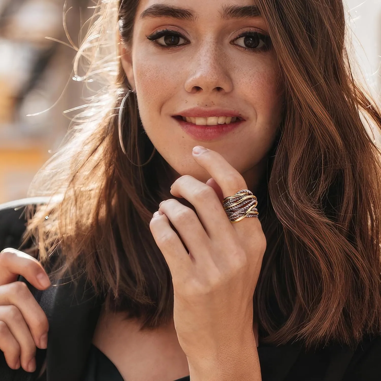 Gold and Silver Statement Rings for Women Wire Intertwined Design 14K Gold Plated Silver Band Ring Index Finger Rings Costume Jewelry