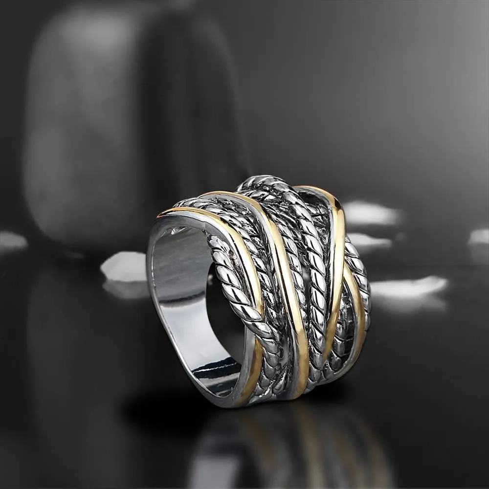 Gold and Silver Statement Rings for Women Wire Intertwined Design 14K Gold Plated Silver Band Ring Index Finger Rings Costume Jewelry