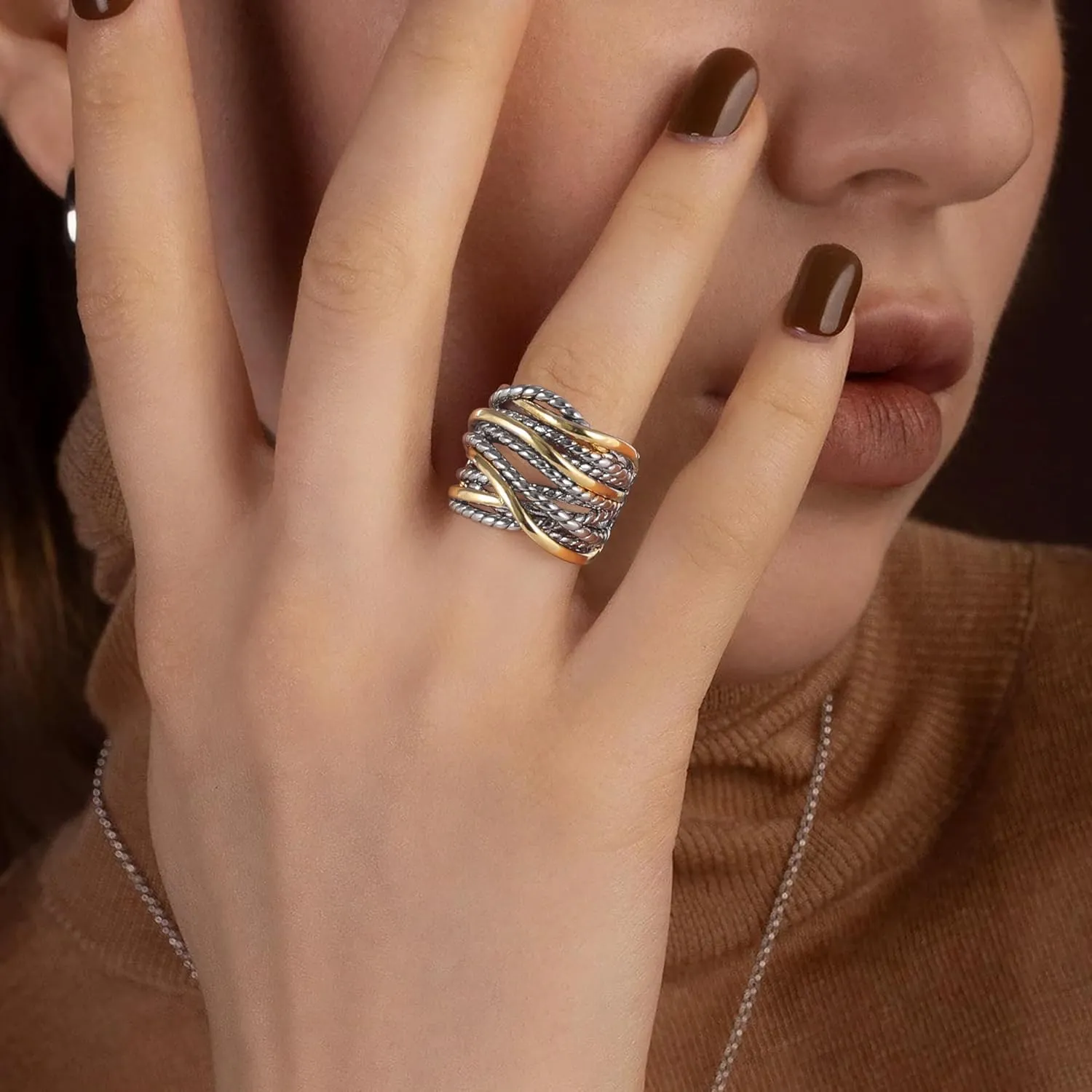 Gold and Silver Statement Rings for Women Wire Intertwined Design 14K Gold Plated Silver Band Ring Index Finger Rings Costume Jewelry