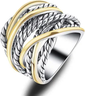 Gold and Silver Statement Rings for Women Wire Intertwined Design 14K Gold Plated Silver Band Ring Index Finger Rings Costume Jewelry