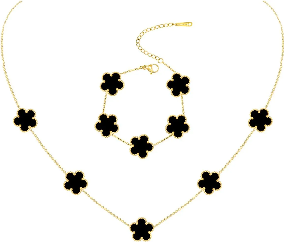 Gold Plated Stainless Steel Four Leaf Clover Bracelet and Necklace Jewelry Set for Women