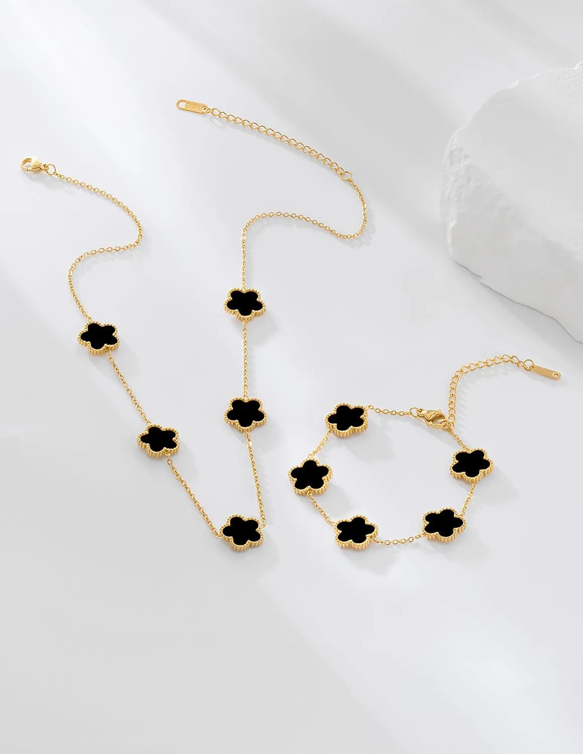 Gold Plated Stainless Steel Four Leaf Clover Bracelet and Necklace Jewelry Set for Women