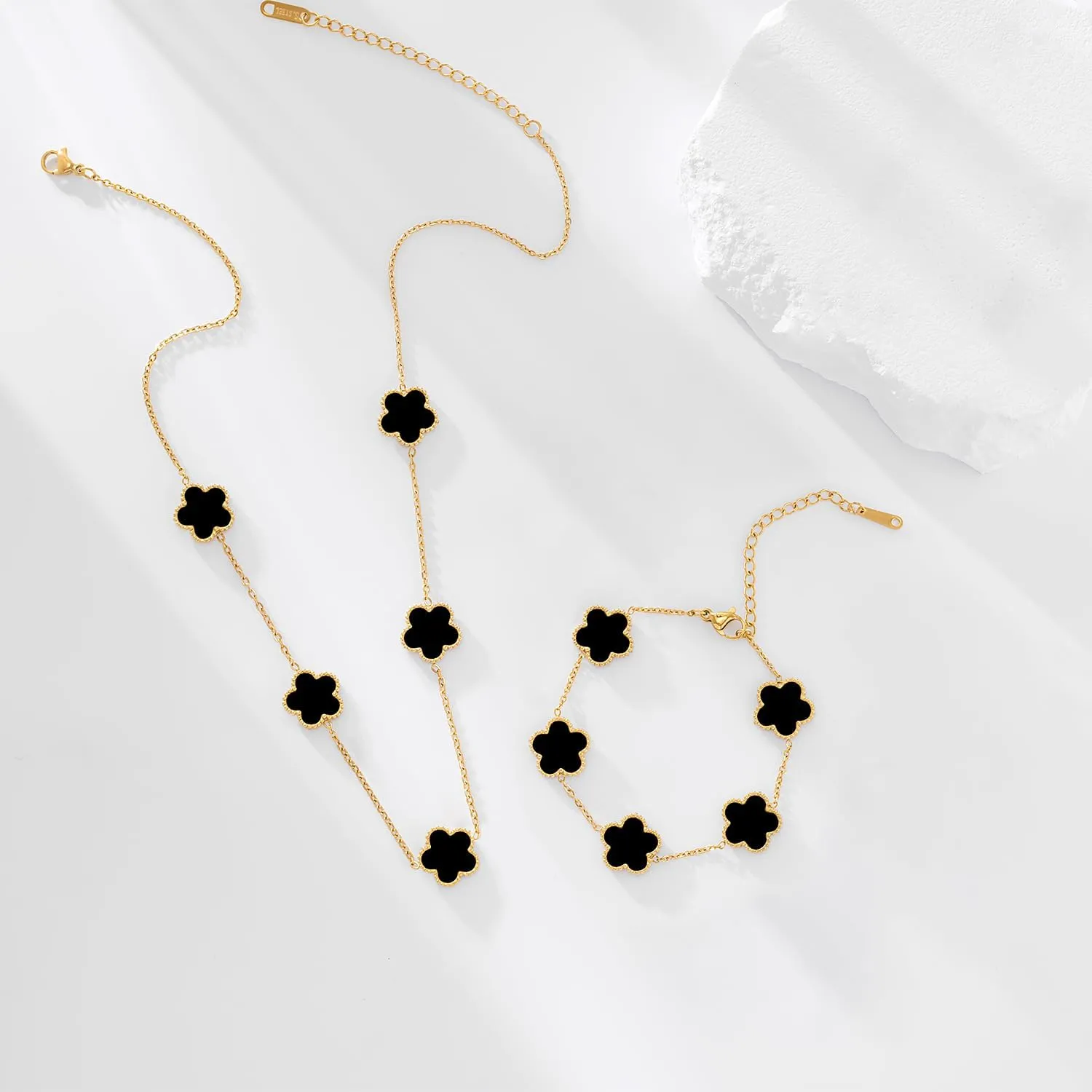 Gold Plated Stainless Steel Four Leaf Clover Bracelet and Necklace Jewelry Set for Women