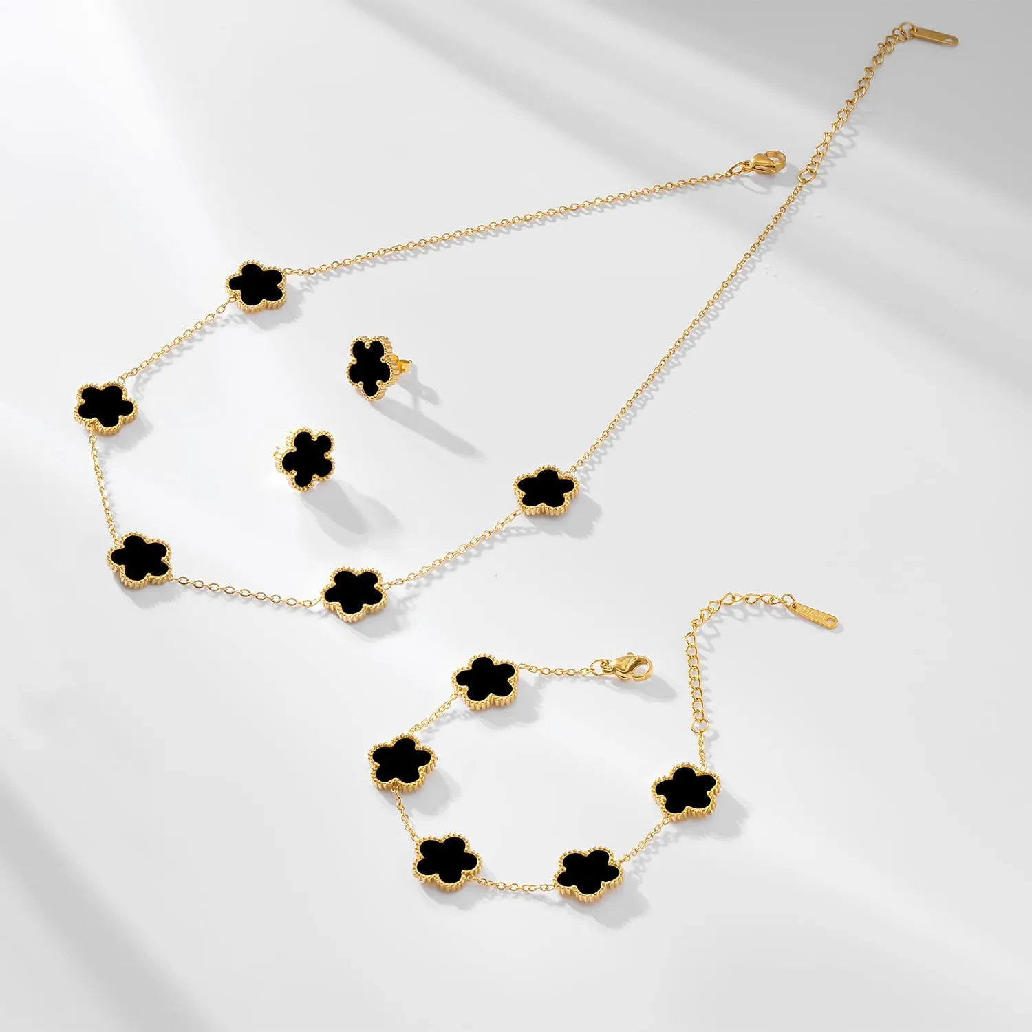 Gold Plated Stainless Steel Four Leaf Clover Bracelet and Necklace Jewelry Set for Women