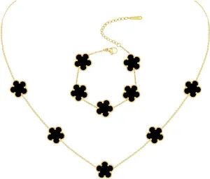 Gold Plated Stainless Steel Four Leaf Clover Bracelet and Necklace Jewelry Set for Women