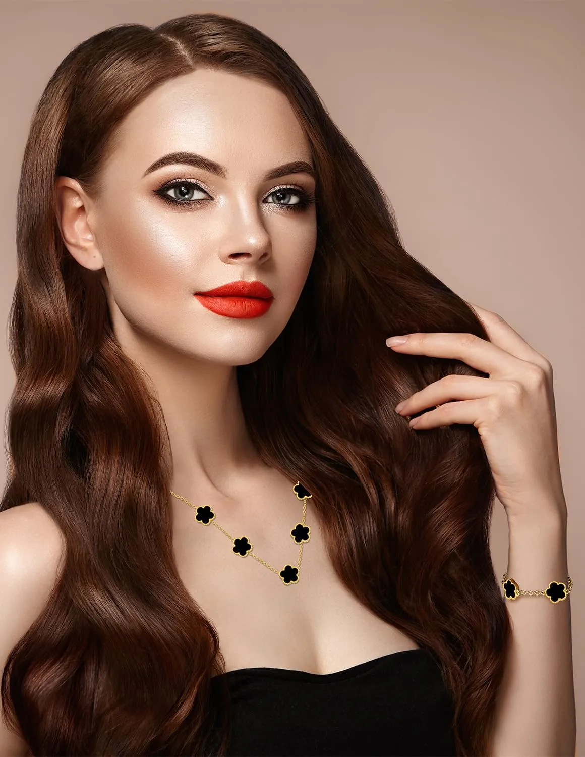 Gold Plated Stainless Steel Four Leaf Clover Bracelet and Necklace Jewelry Set for Women