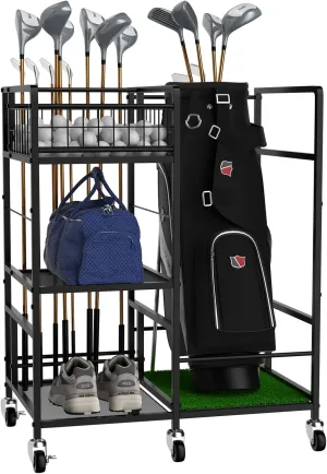 Golf Bag Organizer, Metal Golf Club Holder with Side Storage, Freestanding Golf Bag Stand, Organizer for Golf Accessories and Equipment Accessories