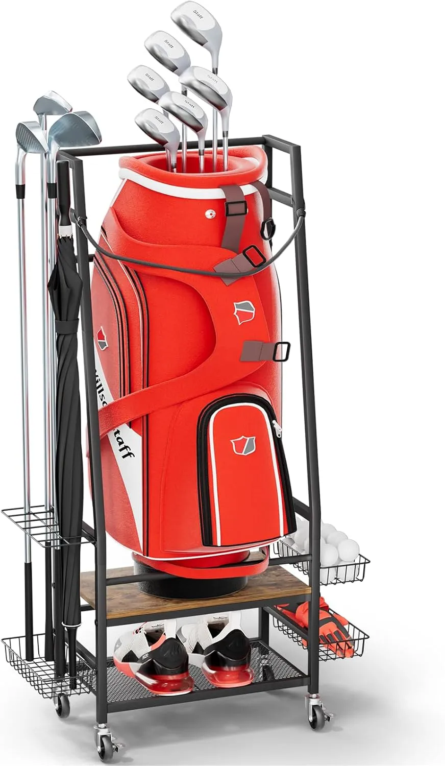 Golf Bags Storage Garage Organizer - Golf Bag Stand Fit Single Golf Bags, Golf Clubs, and Golf Equipment Accessories, GolfBag Organizer Rack with Wheels for Garage, Club, Shed, Basement