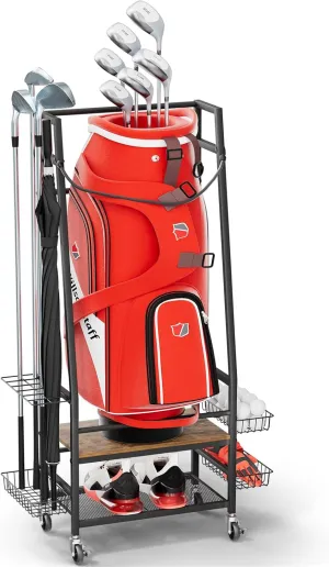 Golf Bags Storage Garage Organizer - Golf Bag Stand Fit Single Golf Bags, Golf Clubs, and Golf Equipment Accessories, GolfBag Organizer Rack with Wheels for Garage, Club, Shed, Basement