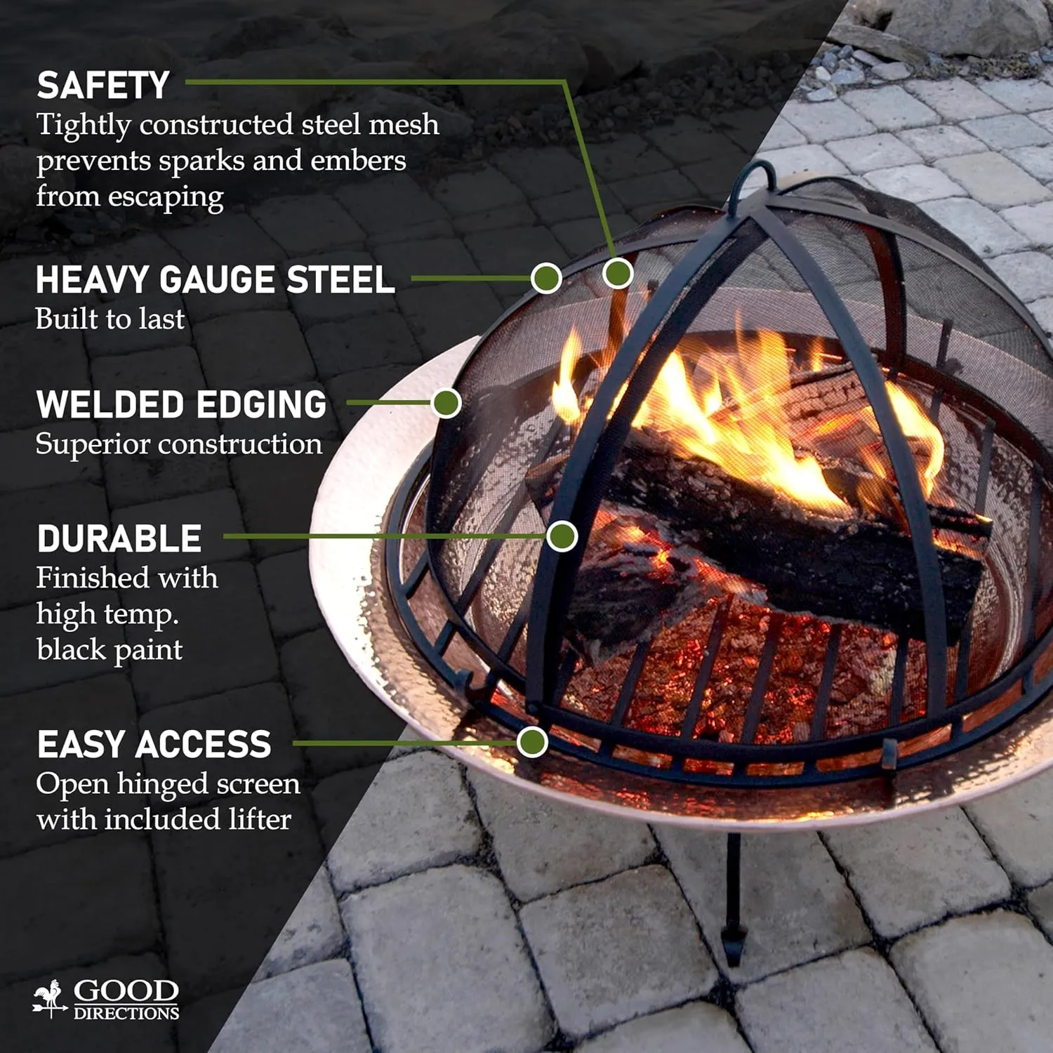 Good Directions 36" Fire Pit Spark Screen with Lifter Tool, Heavy Duty, Hinged for Easy Access