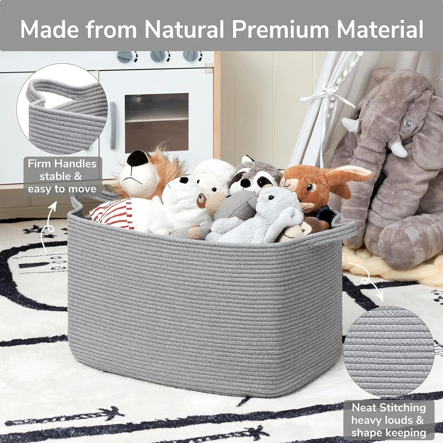 Goodpick Large Toy Basket for Blankets, Baby Laundry Basket, Storage Baskets for Organizing, Laundry Hamper for Dirty Clothes, Towel, Woven Rope Storage Baskets, 21.6" x 14.9" x 11.8", Gray