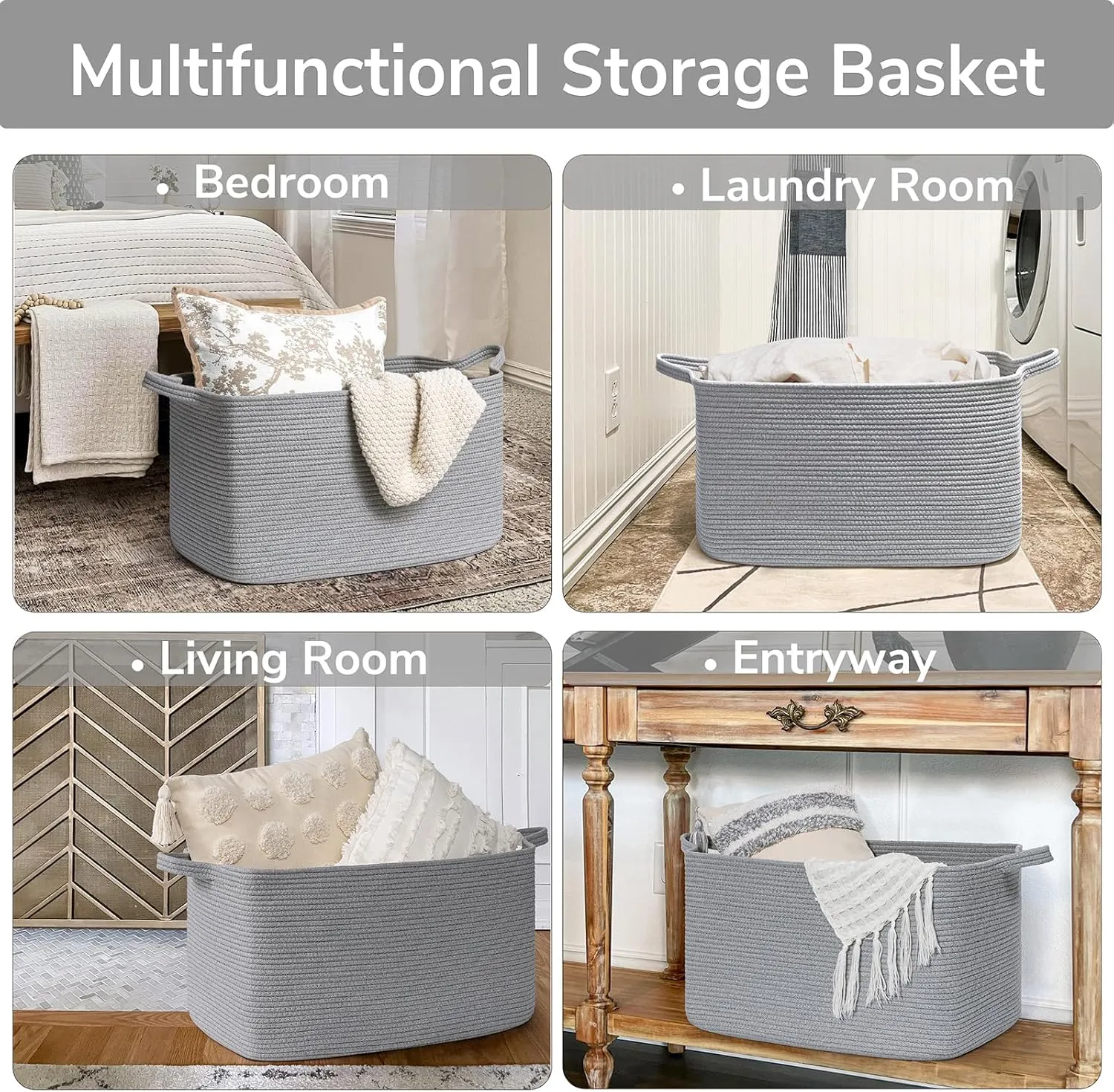 Goodpick Large Toy Basket for Blankets, Baby Laundry Basket, Storage Baskets for Organizing, Laundry Hamper for Dirty Clothes, Towel, Woven Rope Storage Baskets, 21.6" x 14.9" x 11.8", Gray
