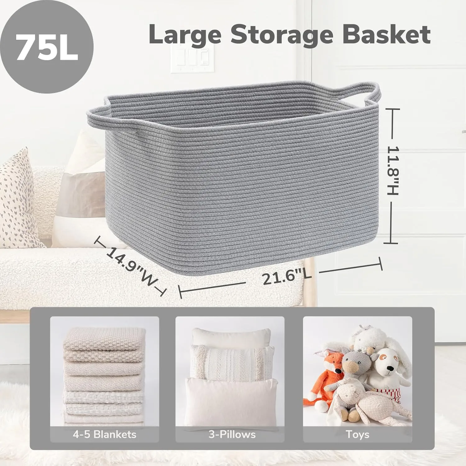 Goodpick Large Toy Basket for Blankets, Baby Laundry Basket, Storage Baskets for Organizing, Laundry Hamper for Dirty Clothes, Towel, Woven Rope Storage Baskets, 21.6" x 14.9" x 11.8", Gray