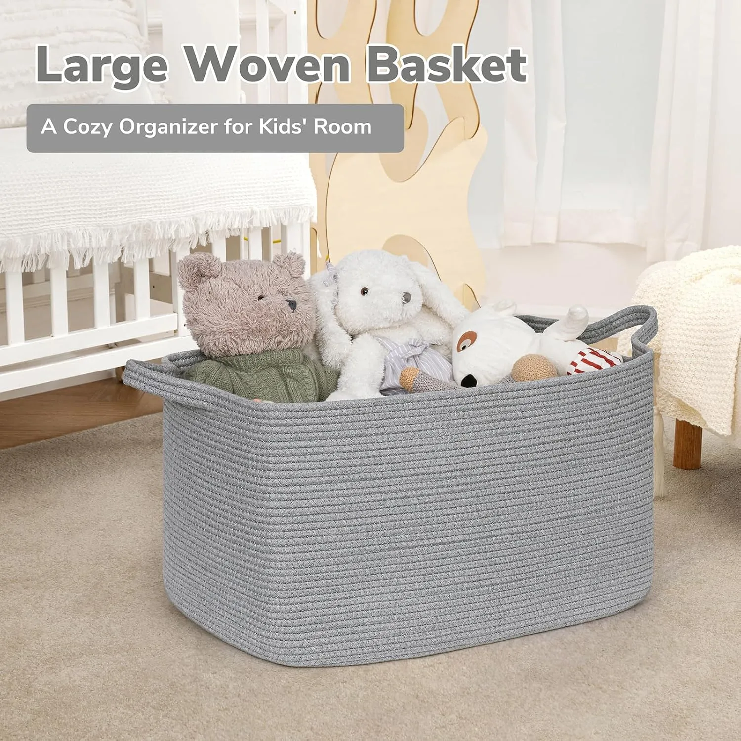 Goodpick Large Toy Basket for Blankets, Baby Laundry Basket, Storage Baskets for Organizing, Laundry Hamper for Dirty Clothes, Towel, Woven Rope Storage Baskets, 21.6" x 14.9" x 11.8", Gray