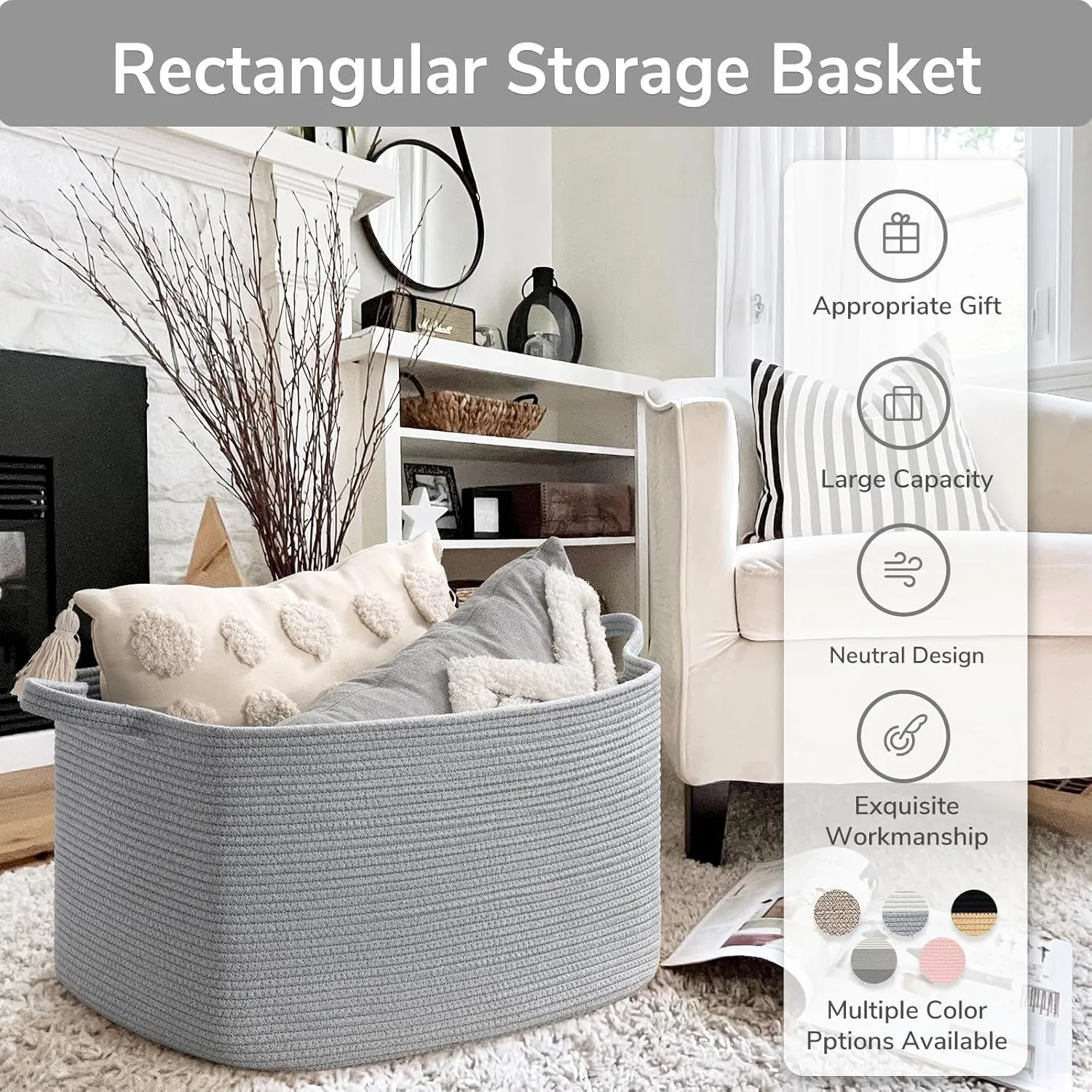 Goodpick Large Toy Basket for Blankets, Baby Laundry Basket, Storage Baskets for Organizing, Laundry Hamper for Dirty Clothes, Towel, Woven Rope Storage Baskets, 21.6" x 14.9" x 11.8", Gray