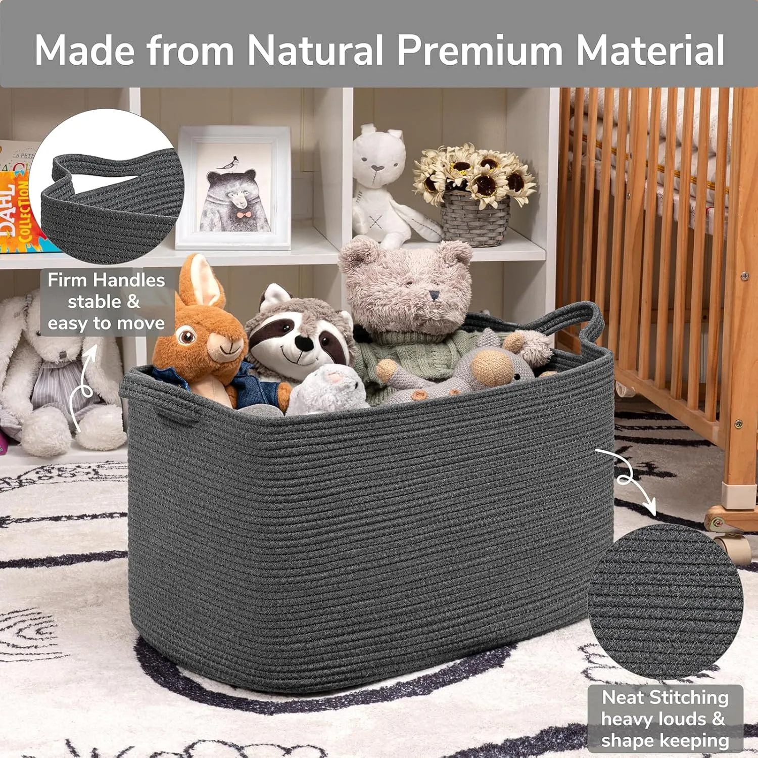 Goodpick Storage Basket, Rectangle Dirty Clothes Baskets for Laundry, Woven Basket for Living Room, Extra Large Cotton Rope Baskets for Toys, Blankets, 23.6" x 15.7" x 13.8", Dark Gray