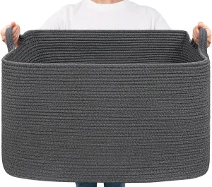 Goodpick Storage Basket, Rectangle Dirty Clothes Baskets for Laundry, Woven Basket for Living Room, Extra Large Cotton Rope Baskets for Toys, Blankets, 23.6" x 15.7" x 13.8", Dark Gray