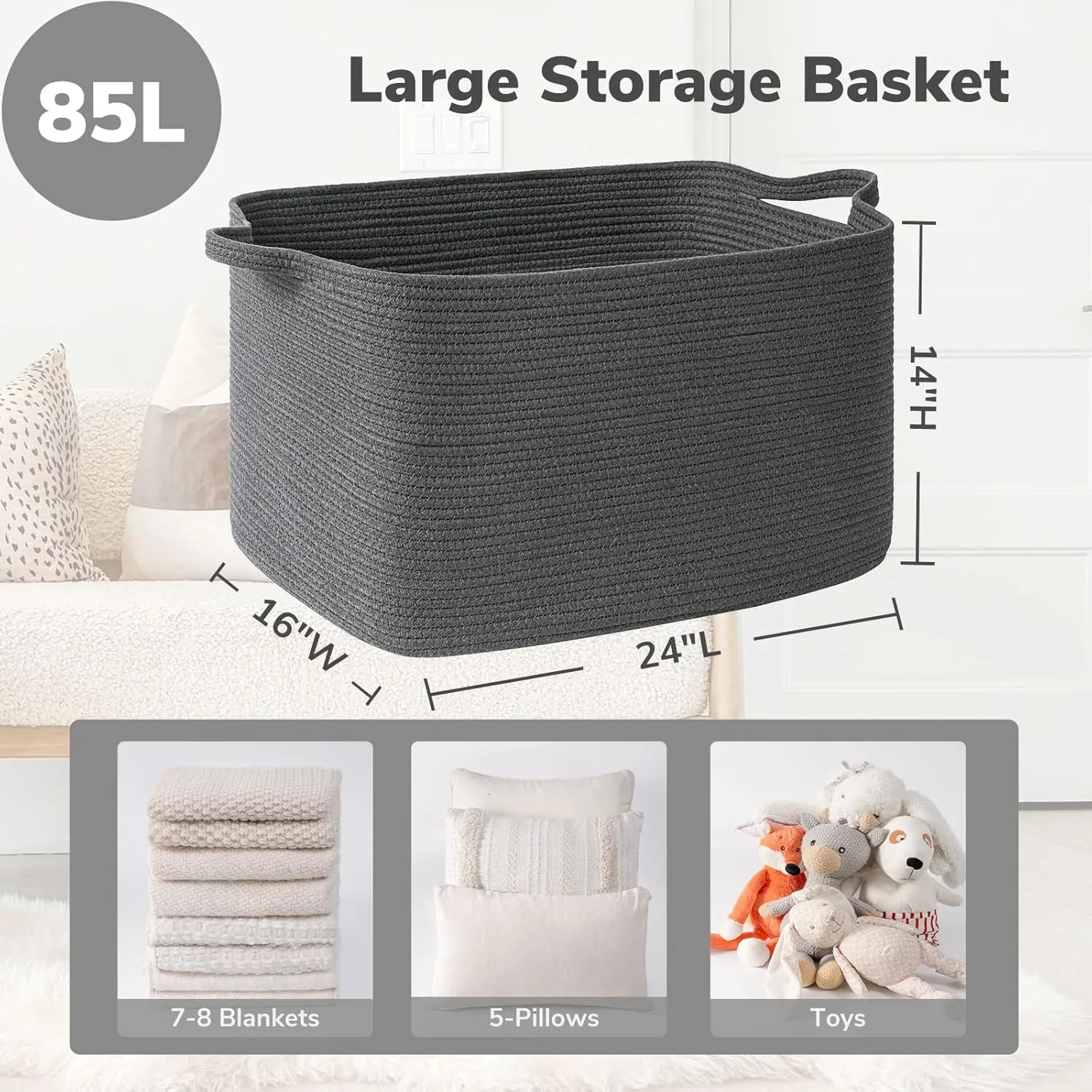 Goodpick Storage Basket, Rectangle Dirty Clothes Baskets for Laundry, Woven Basket for Living Room, Extra Large Cotton Rope Baskets for Toys, Blankets, 23.6" x 15.7" x 13.8", Dark Gray