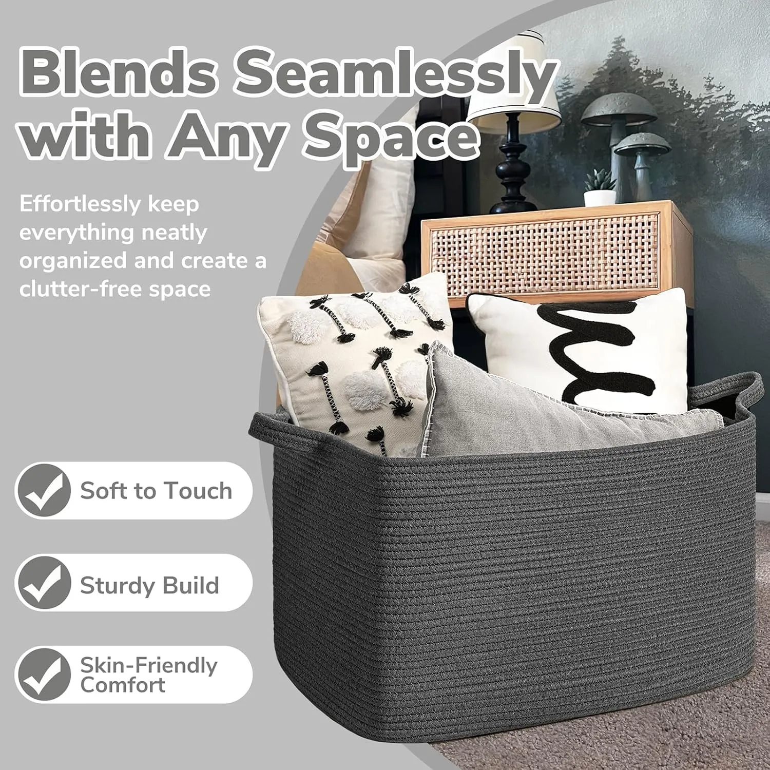 Goodpick Storage Basket, Rectangle Dirty Clothes Baskets for Laundry, Woven Basket for Living Room, Extra Large Cotton Rope Baskets for Toys, Blankets, 23.6" x 15.7" x 13.8", Dark Gray