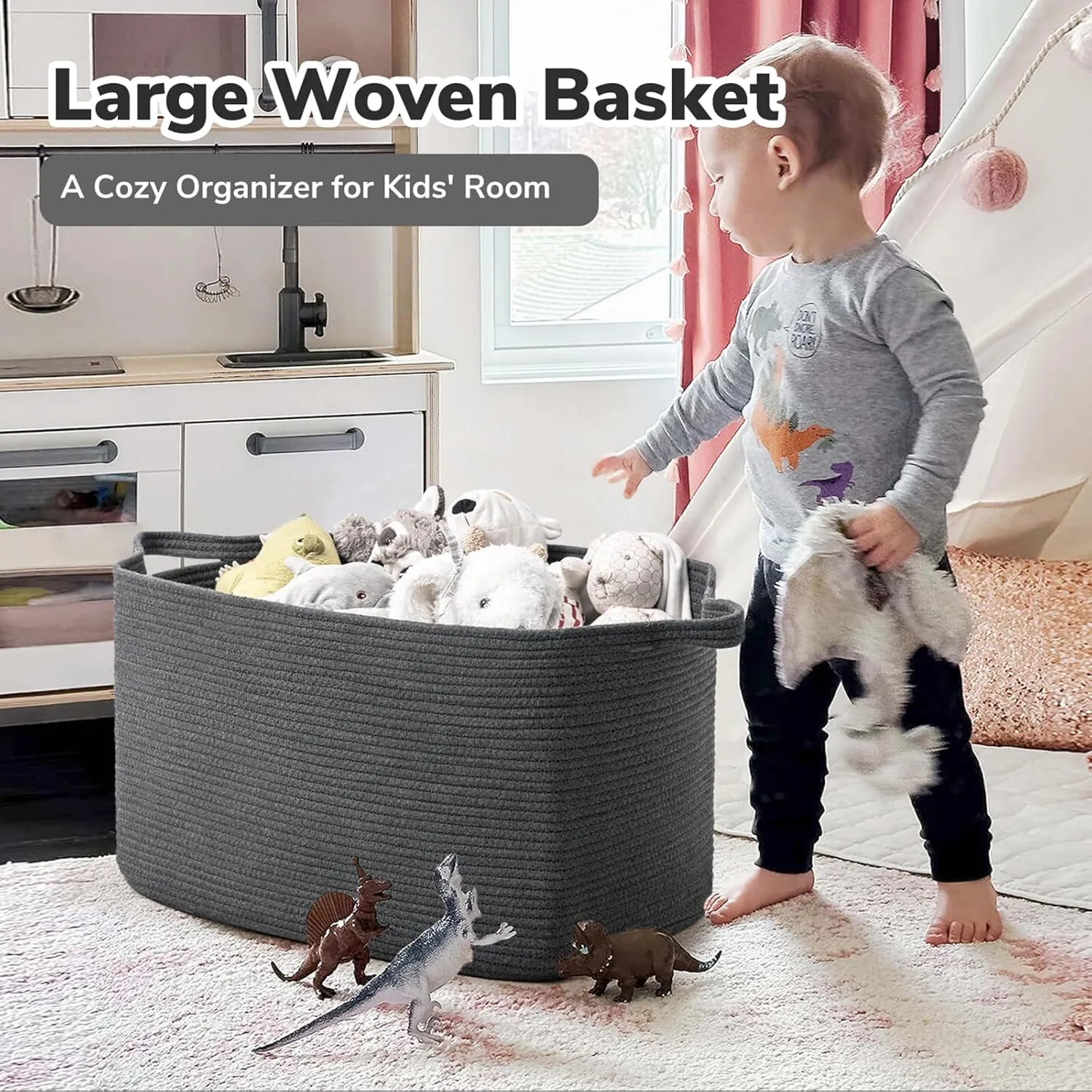 Goodpick Storage Basket, Rectangle Dirty Clothes Baskets for Laundry, Woven Basket for Living Room, Extra Large Cotton Rope Baskets for Toys, Blankets, 23.6" x 15.7" x 13.8", Dark Gray