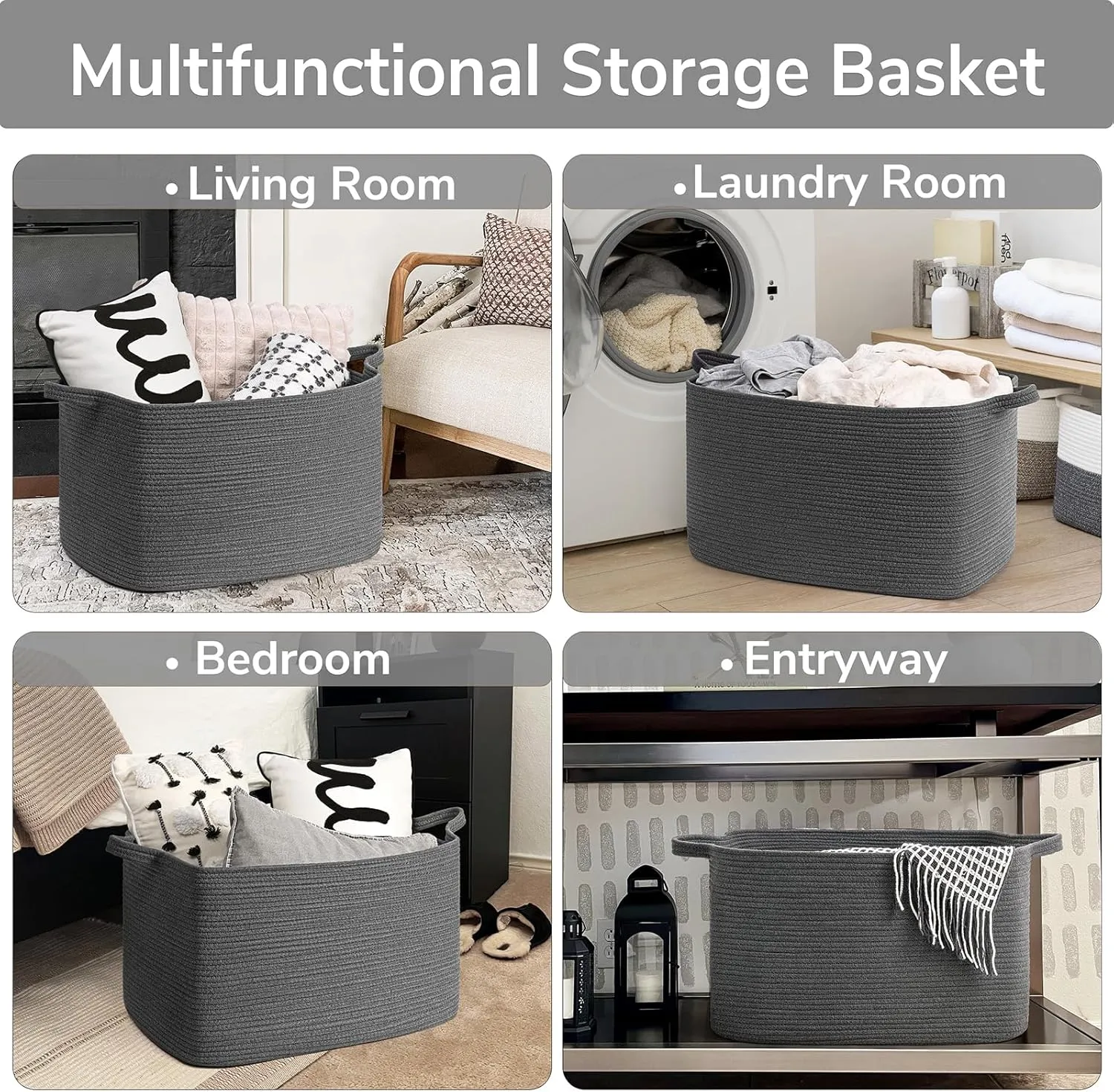 Goodpick Storage Basket, Rectangle Dirty Clothes Baskets for Laundry, Woven Basket for Living Room, Extra Large Cotton Rope Baskets for Toys, Blankets, 23.6" x 15.7" x 13.8", Dark Gray