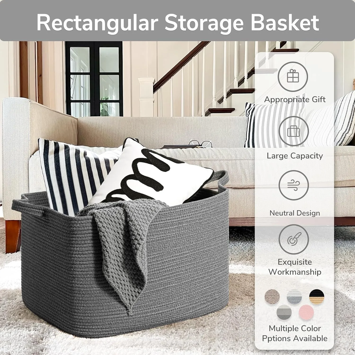 Goodpick Storage Basket, Rectangle Dirty Clothes Baskets for Laundry, Woven Basket for Living Room, Extra Large Cotton Rope Baskets for Toys, Blankets, 23.6" x 15.7" x 13.8", Dark Gray