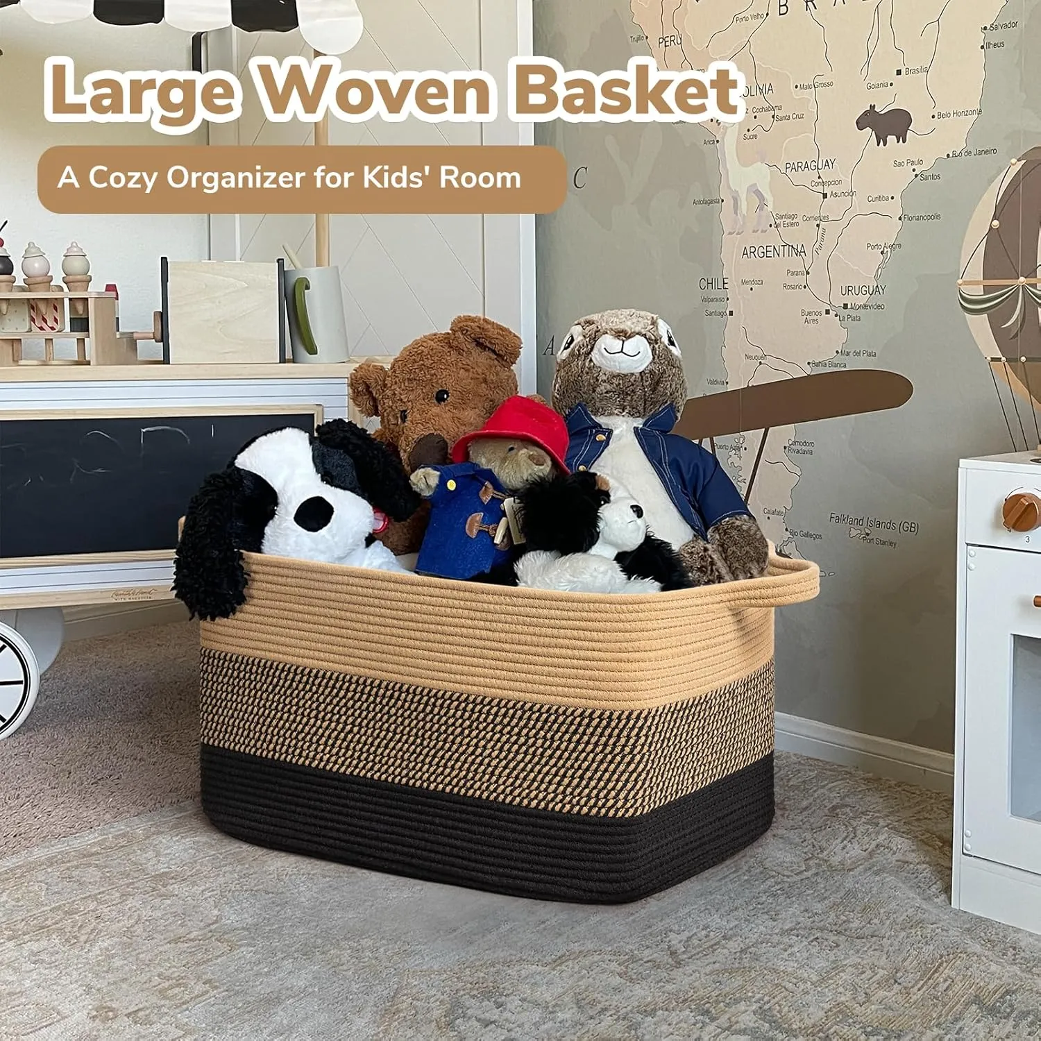 Goodpick Woven Blanket Basket, 21.6" x 14.9" x 11.8" Wicker Laundry Basket for Clothes, Storage Baskets for Organizing, Rectangle Rope Large Baskets for Storage, Black Jute