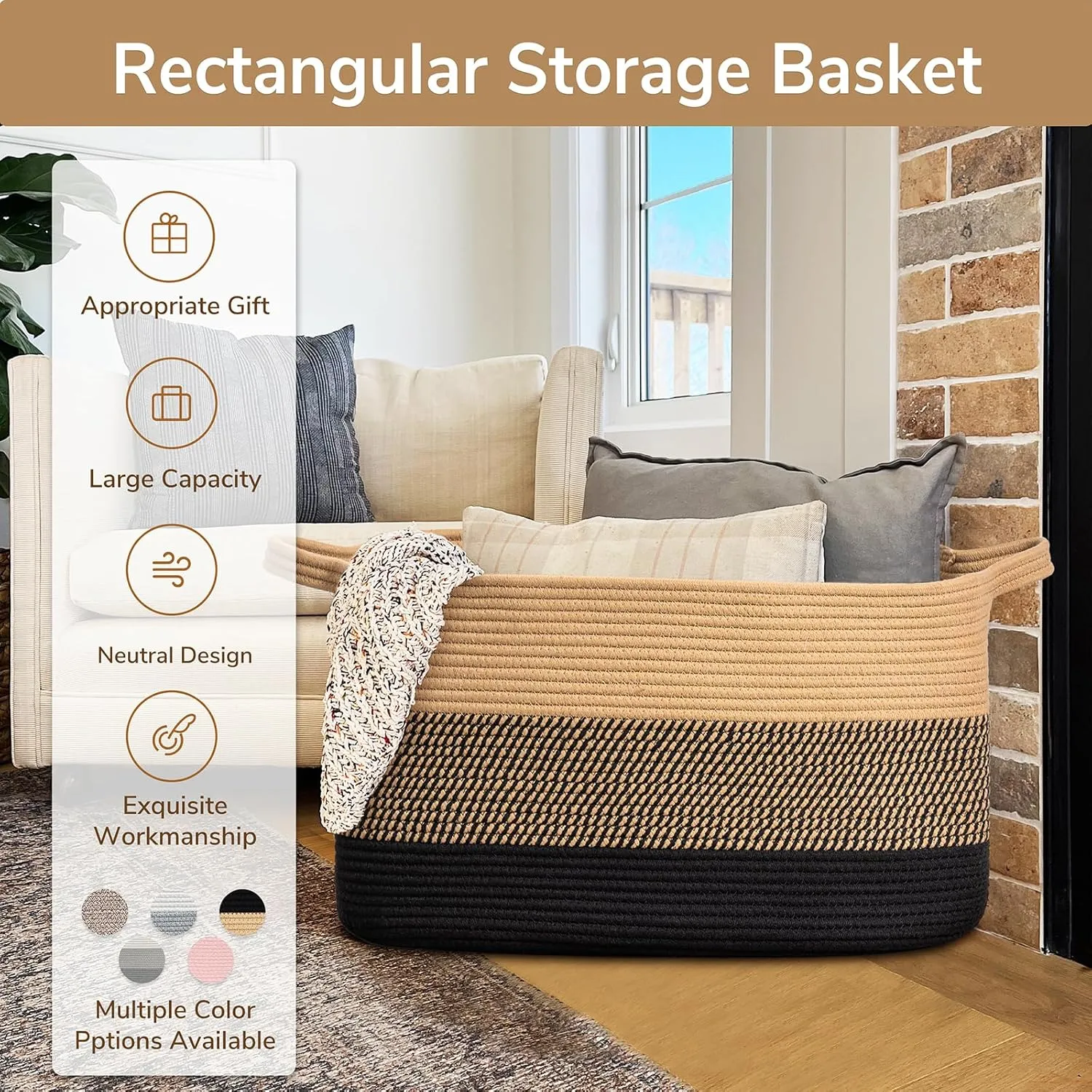 Goodpick Woven Blanket Basket, 21.6" x 14.9" x 11.8" Wicker Laundry Basket for Clothes, Storage Baskets for Organizing, Rectangle Rope Large Baskets for Storage, Black Jute
